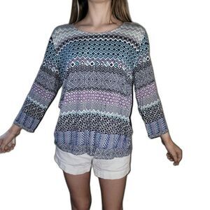 Investment Essentials Womens Size L Pullover White Purple Green Top